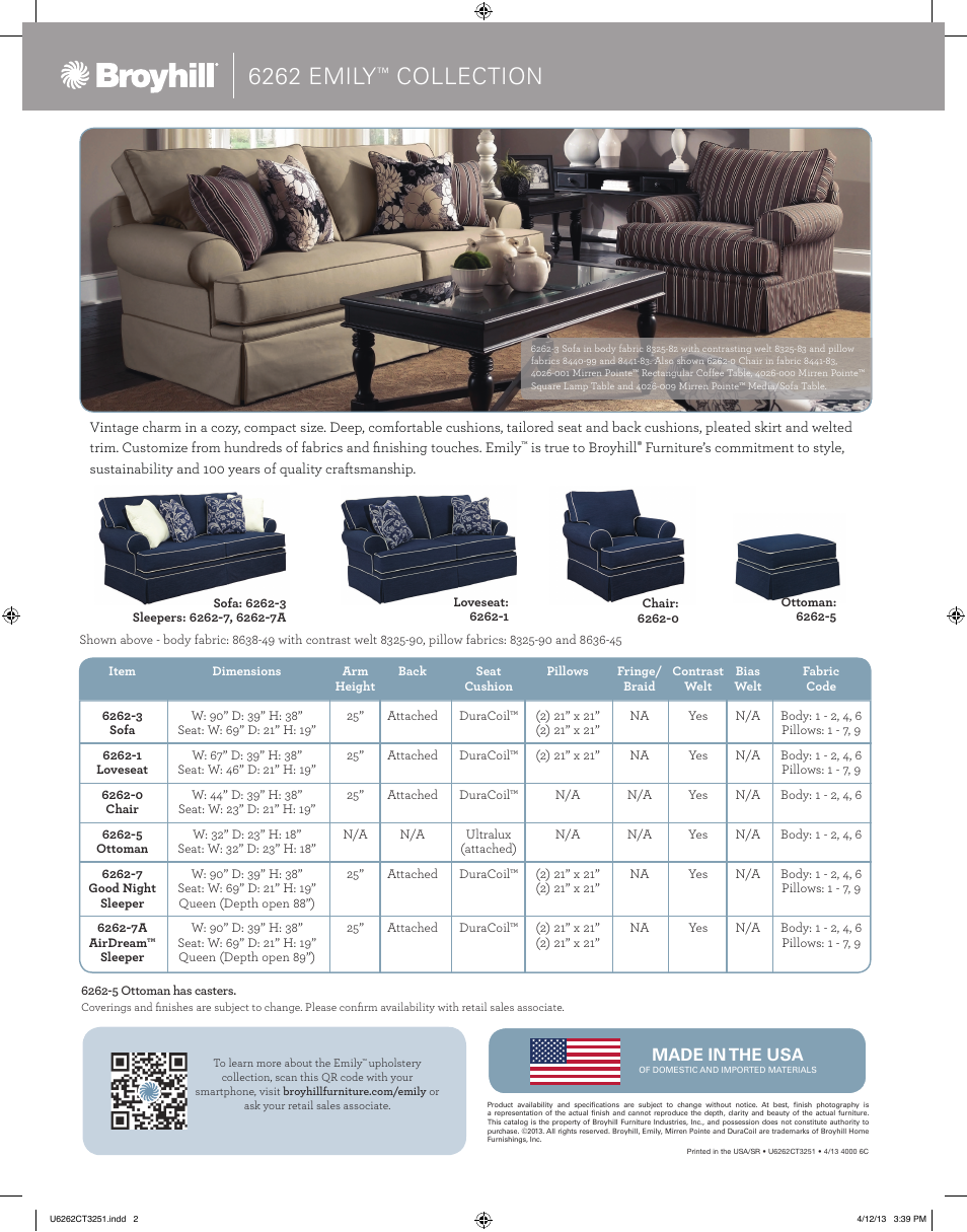 6262 emily, Collection | Broyhill EMILY SOFA, CHAIRS, OTTOMAN Product Details User Manual | Page 2 / 2