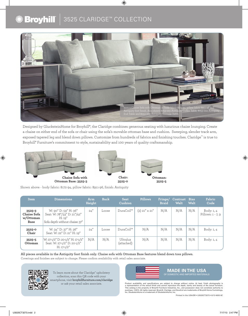 3525 claridge, Collection | Broyhill CLARIDGE CHAISE SOFA, CHAIRS, OTTOMAN Product Details User Manual | Page 2 / 2