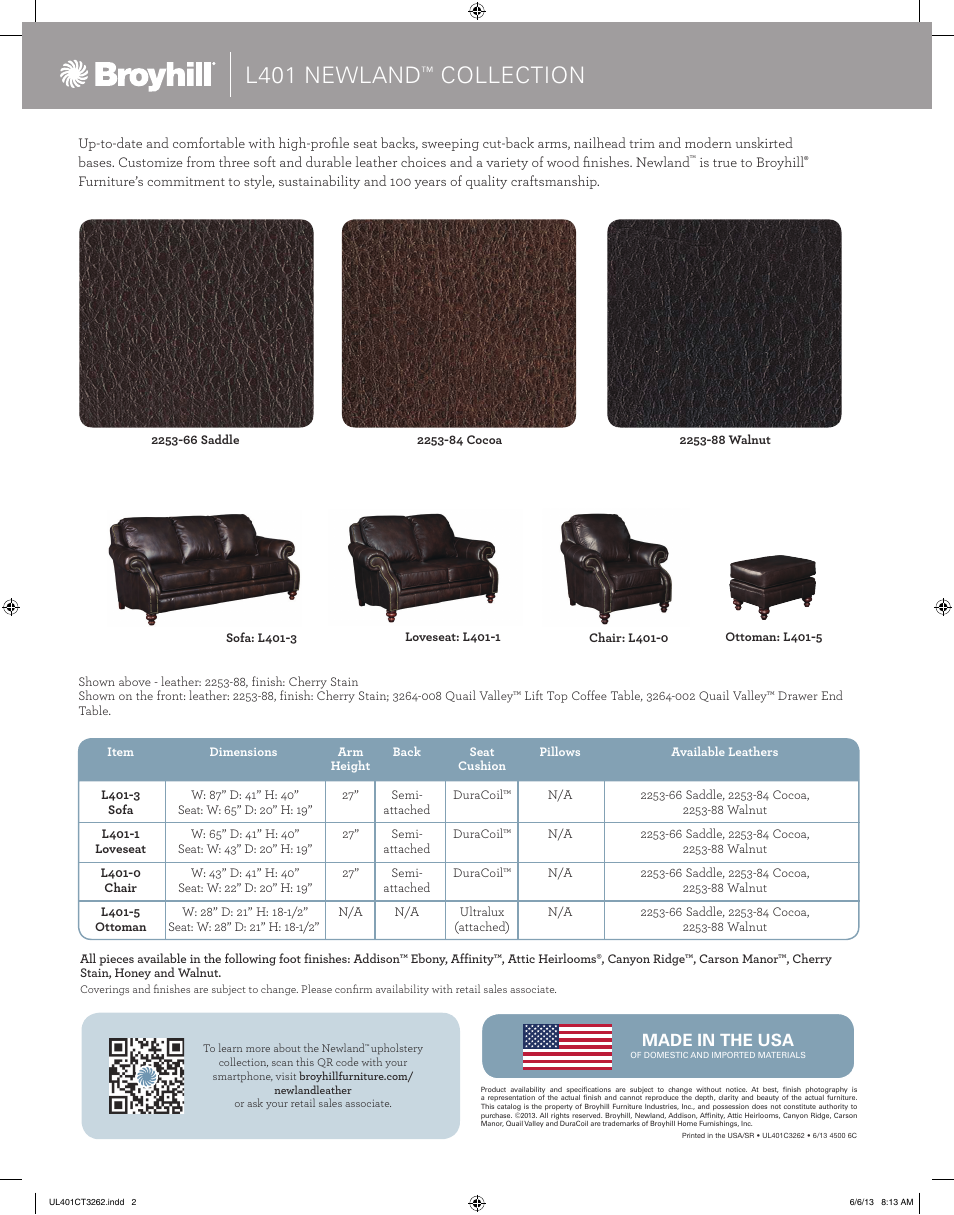 L401 newland, Collection | Broyhill NEWLAND LEATHER OTTOMAN Product Details User Manual | Page 2 / 2