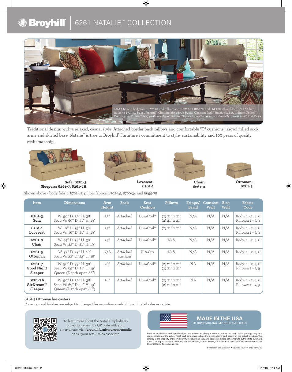 6261 natalie, Collection | Broyhill NATALIE SOFA, CHAIRS, OTTOMAN Product Details User Manual | Page 2 / 2