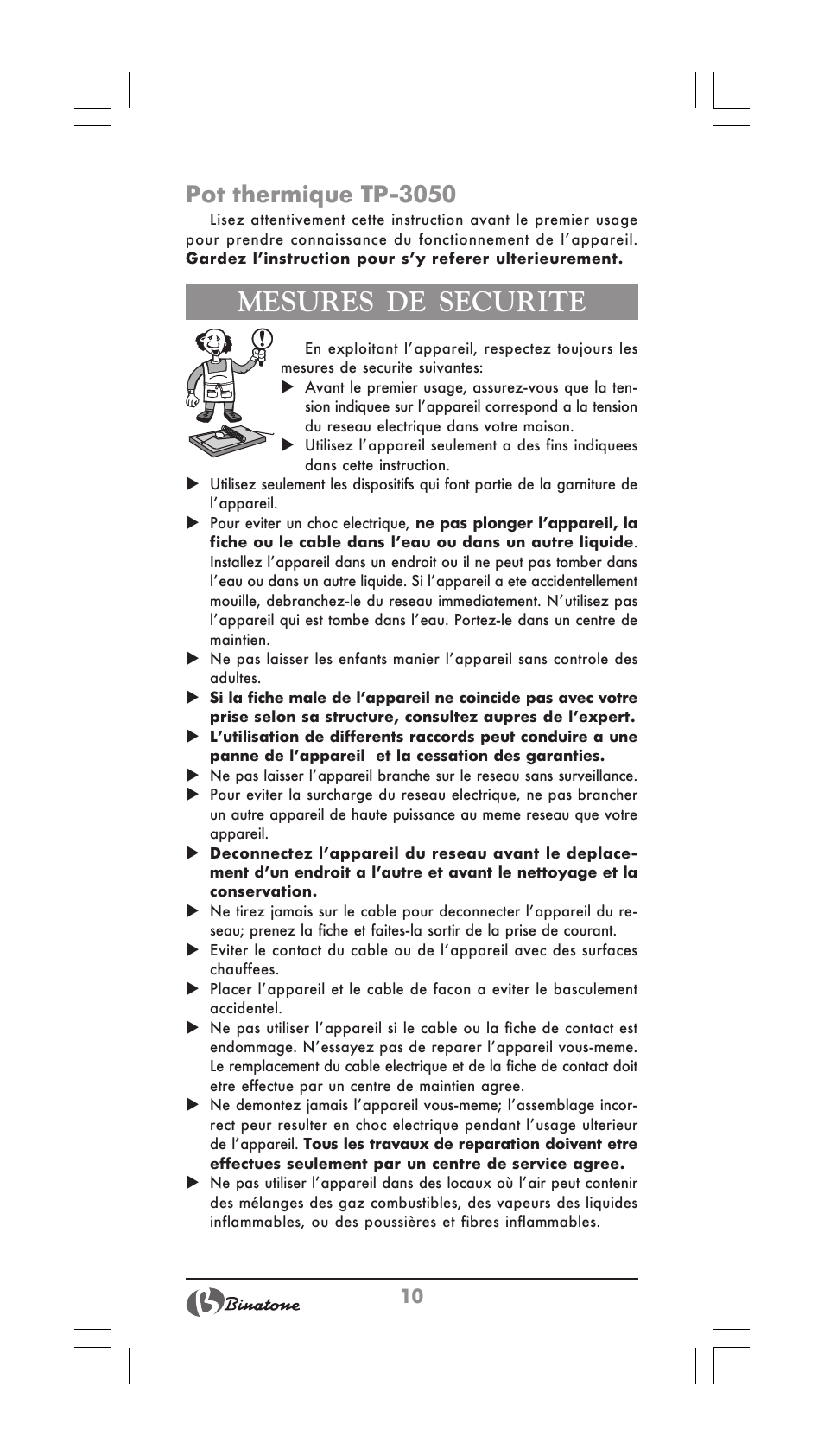 Mesures de securite, Pot thermique tp-3050 | Binatone TP-3050 User Manual | Page 10 / 36