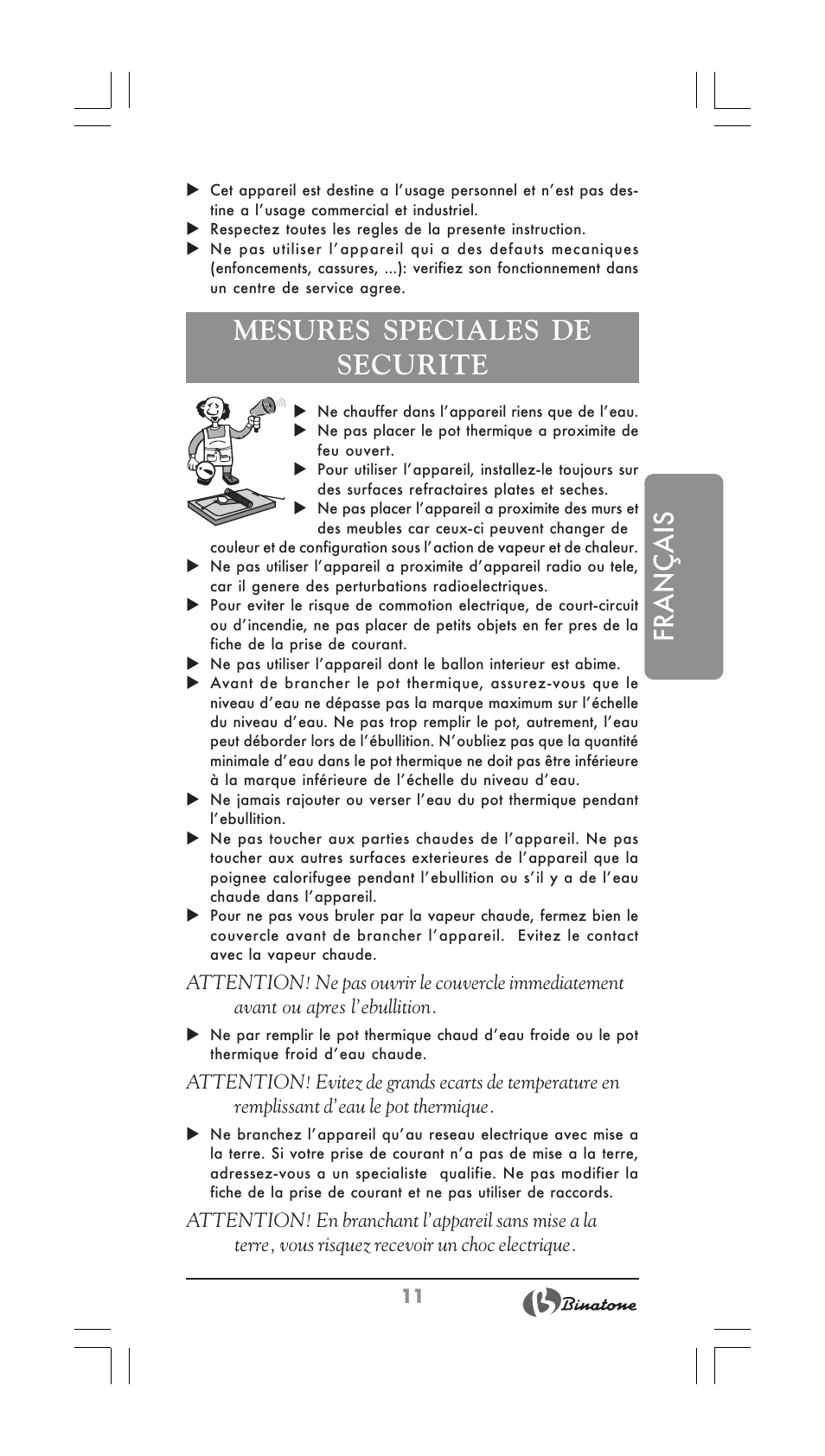 Français, Mesures speciales de securite | Binatone TP-3050 User Manual | Page 11 / 36