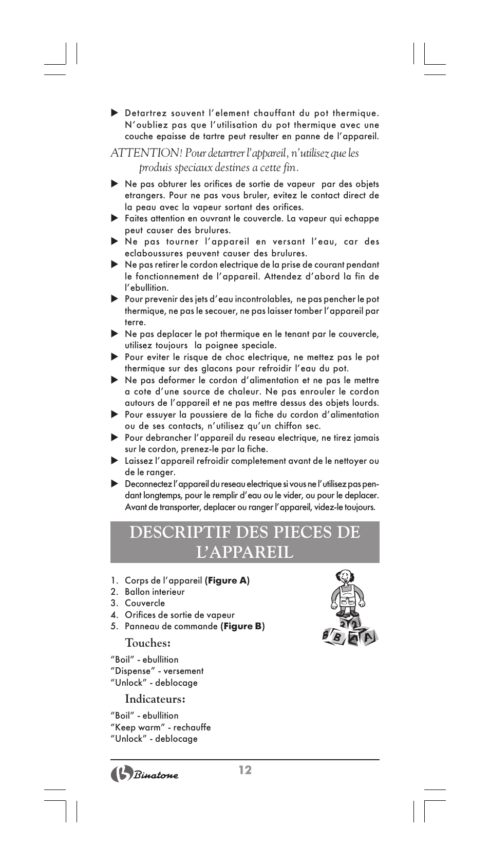 Descriptif des pieces de l’appareil | Binatone TP-3050 User Manual | Page 12 / 36