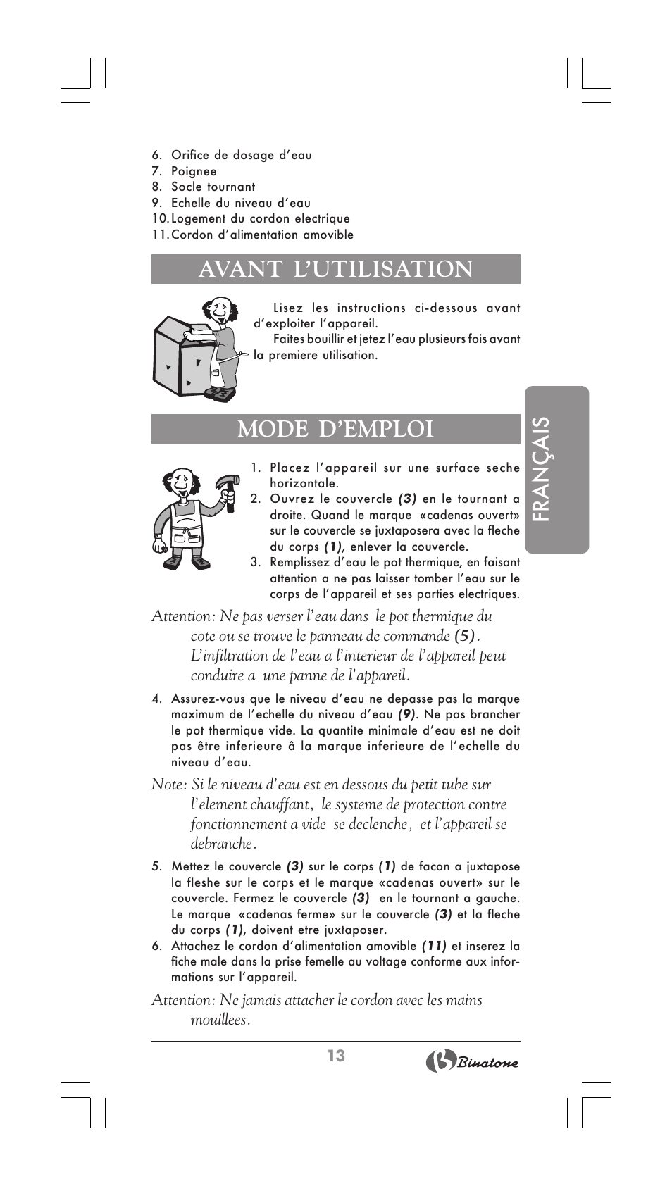 Français mode d’emploi, Avant l’utilisation | Binatone TP-3050 User Manual | Page 13 / 36