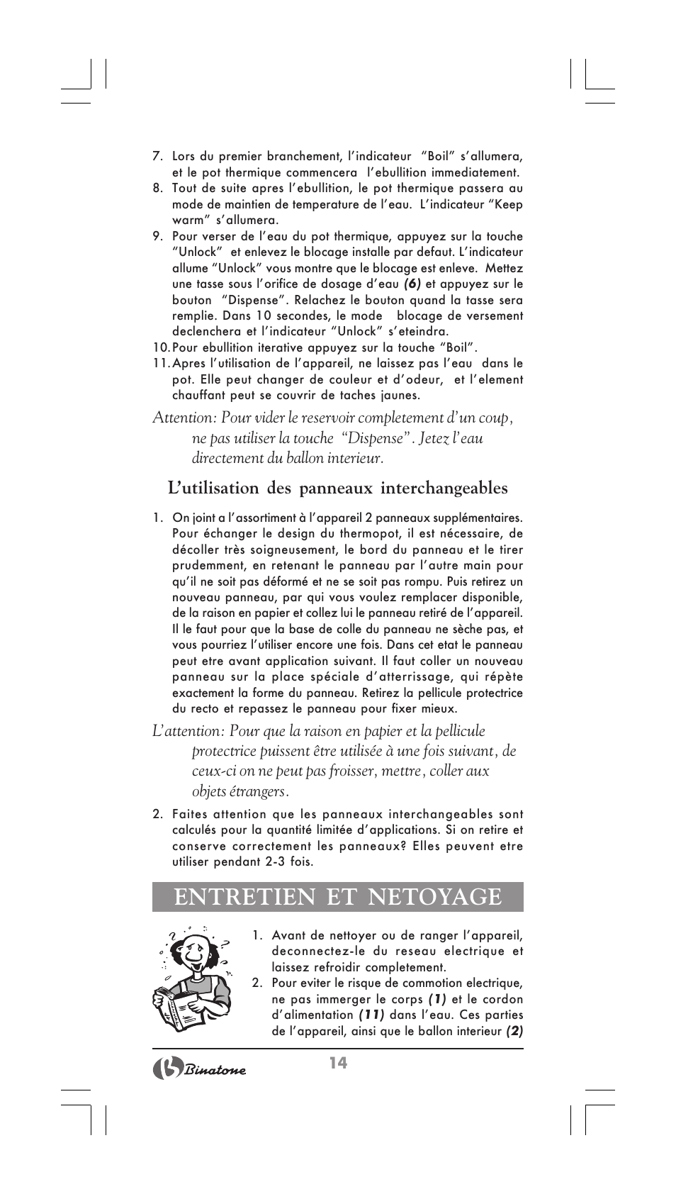 Entretien et netoyage, L’utilisation des panneaux interchangeables | Binatone TP-3050 User Manual | Page 14 / 36