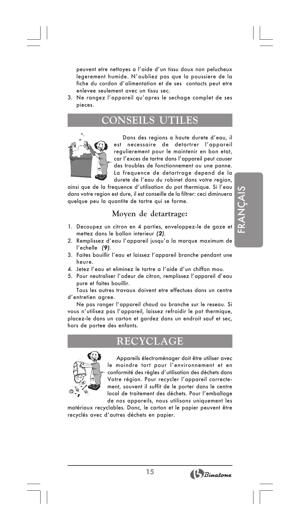 Français, Conseils utiles, Recyclage | Moyen de detartrage | Binatone TP-3050 User Manual | Page 15 / 36