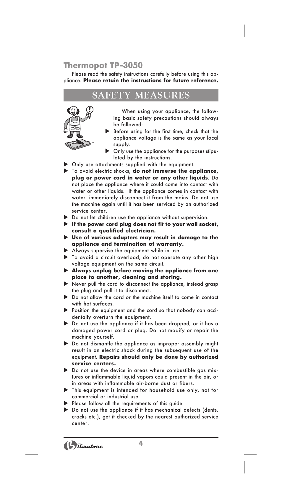 Safety measures, Thermopot tp-3050 | Binatone TP-3050 User Manual | Page 4 / 36