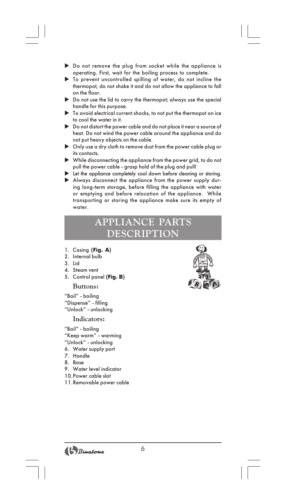 Appliance parts description | Binatone TP-3050 User Manual | Page 6 / 36