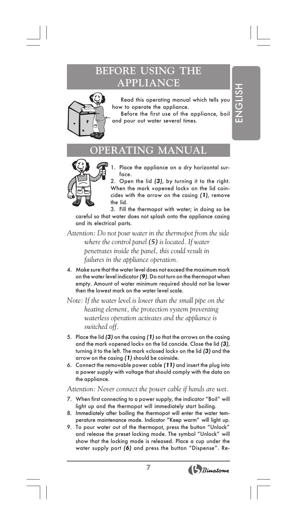 English before using the appliance, Operating manual | Binatone TP-3050 User Manual | Page 7 / 36