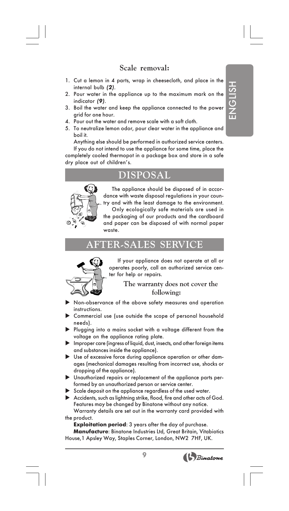 English, Disposal, After-sales service | Scale removal | Binatone TP-3050 User Manual | Page 9 / 36