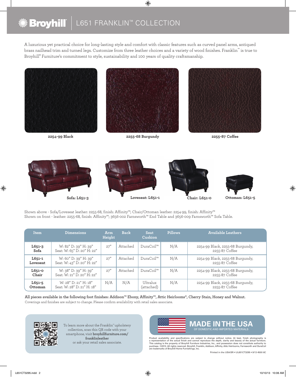 Made in the usa, L651 franklin, Collection | Broyhill FRANKLIN LEATHER OTTOMAN Product Details User Manual | Page 2 / 2