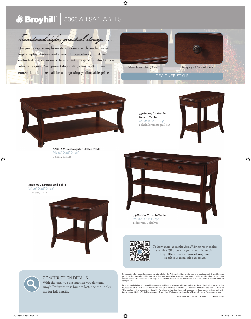 Transitional style, practical storage, 3368 arisa, Tables | Broyhill ARISA CONSOLE Product Details User Manual | Page 2 / 2