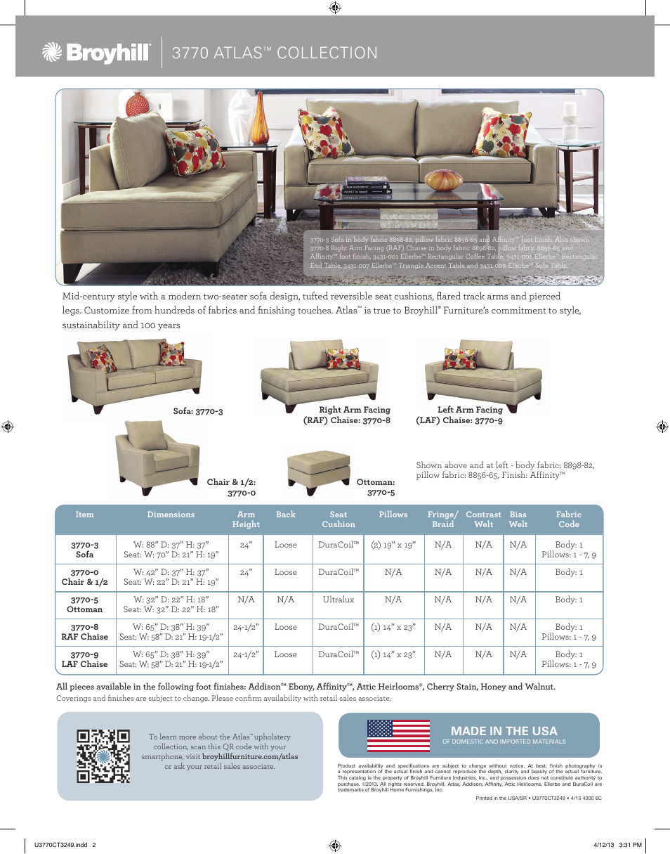 3770 atlas, Collection | Broyhill ATLAS CHAISE, LEFT ARM FACING Product Details User Manual | Page 2 / 2