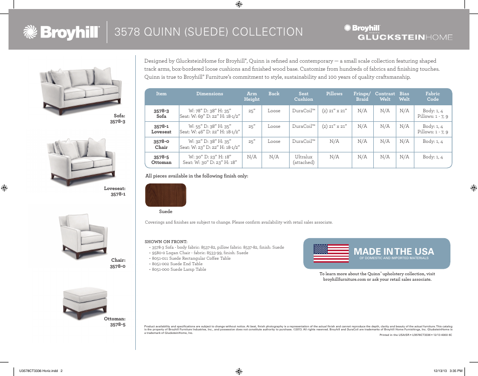 3578 quinn (suede) collection, Made in the usa | Broyhill QUINN SOFA, CHAIRS, OTTOMAN Product Details User Manual | Page 2 / 2