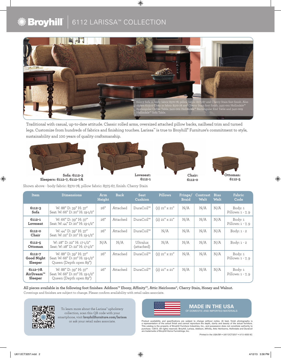 6112 larissa, Collection | Broyhill LARISSA SOFA, CHAIRS, OTTOMAN Product Details User Manual | Page 2 / 2