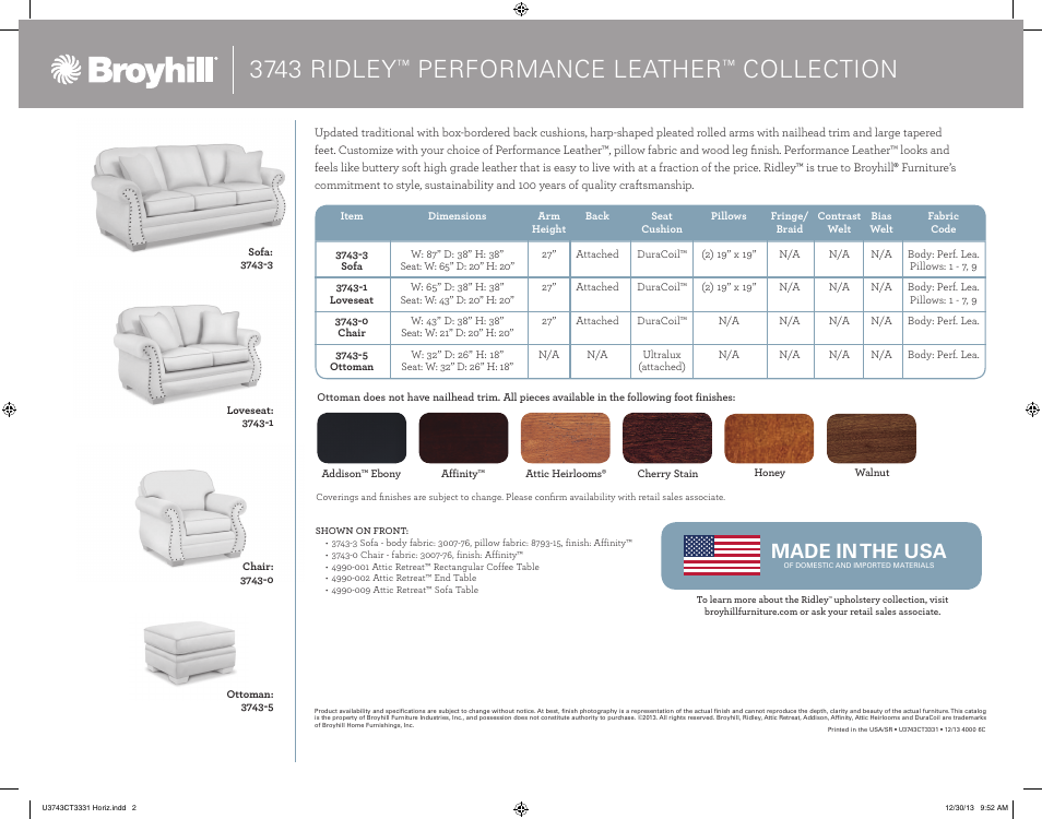 3743 ridley, Performance leather, Collection | Made in the usa | Broyhill RIDLEY SOFA, CHAIRS Product Details User Manual | Page 2 / 2