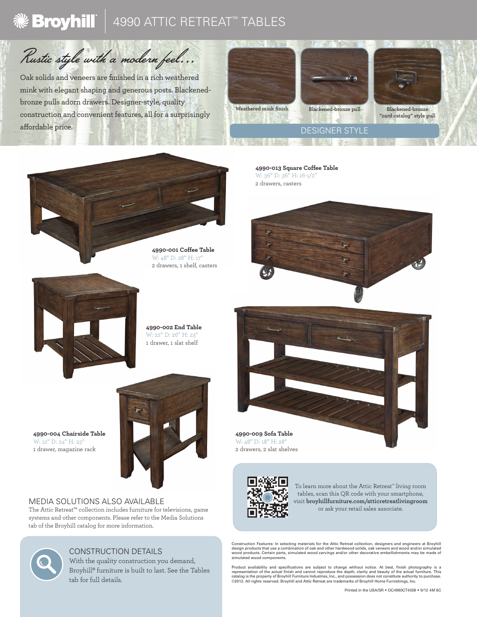 Rustic style with a modern feel, 4990 attic retreat, Tables | Broyhill ATTIC RETREAT 60-INCH ENTERTAINMENT CONSOLE Product Details User Manual | Page 2 / 2