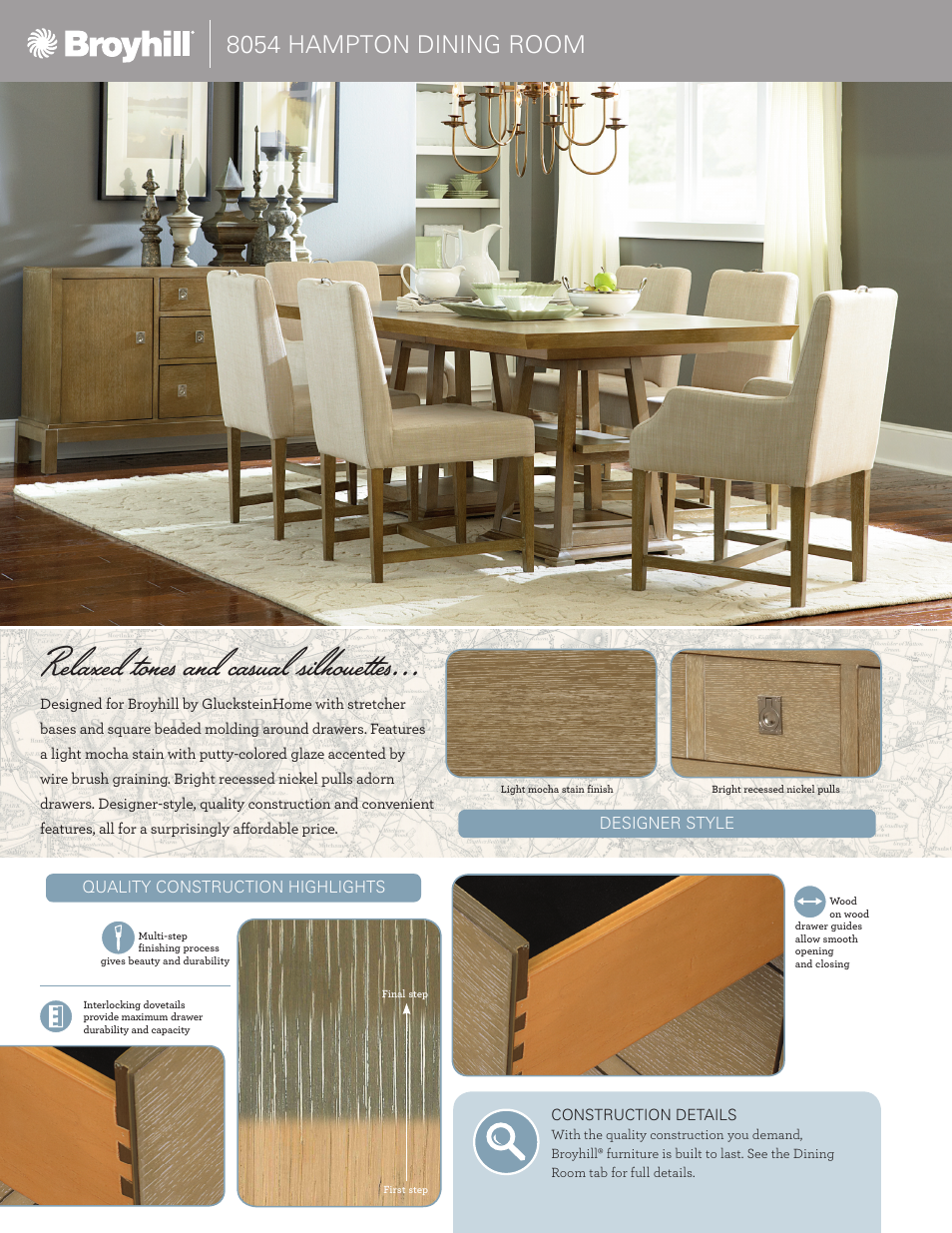 Relaxed tones and casual silhouettes, 8054 hampton dining room | Broyhill HAMPTON BUFFET Product Details User Manual | Page 2 / 4