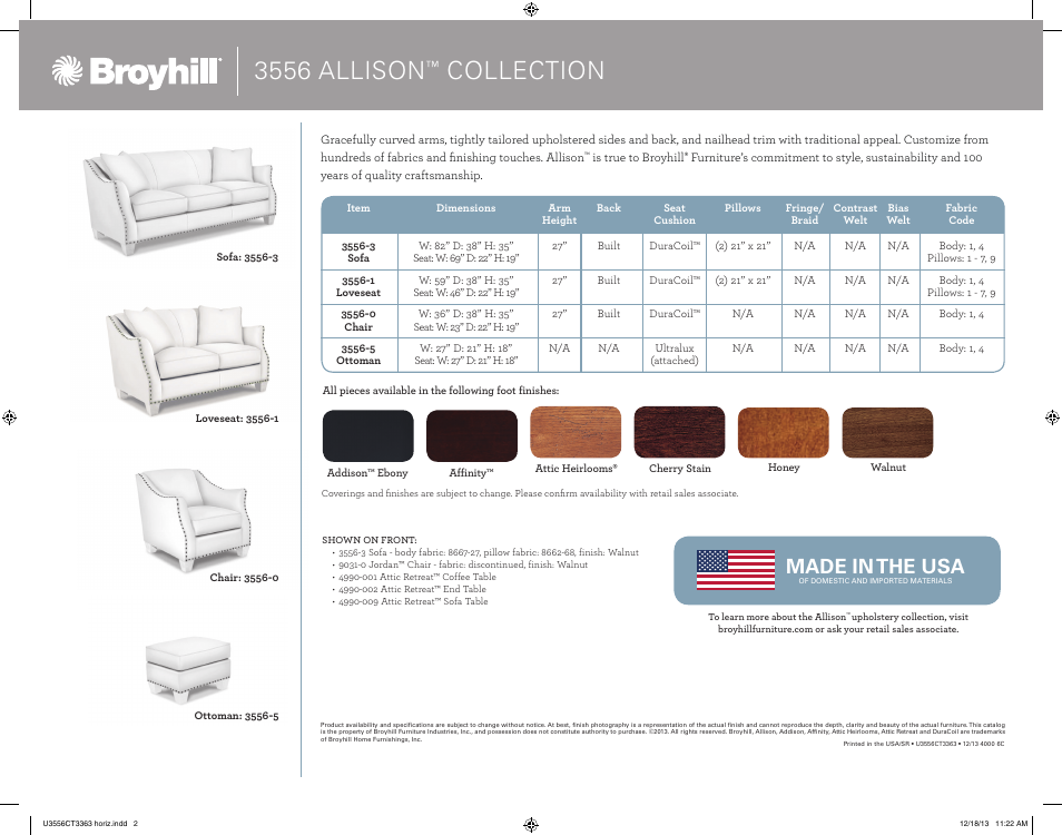 3556 allison, Collection, Made in the usa | Broyhill ALLISON SOFA, CHAIRS, OTTOMAN Product Details User Manual | Page 2 / 2