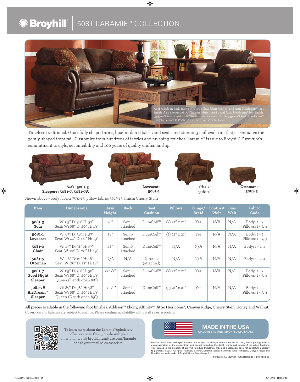 5081 laramie, Collection | Broyhill LARAMIE SOFA, CHAIRS, OTTOMAN Product Details User Manual | Page 2 / 2