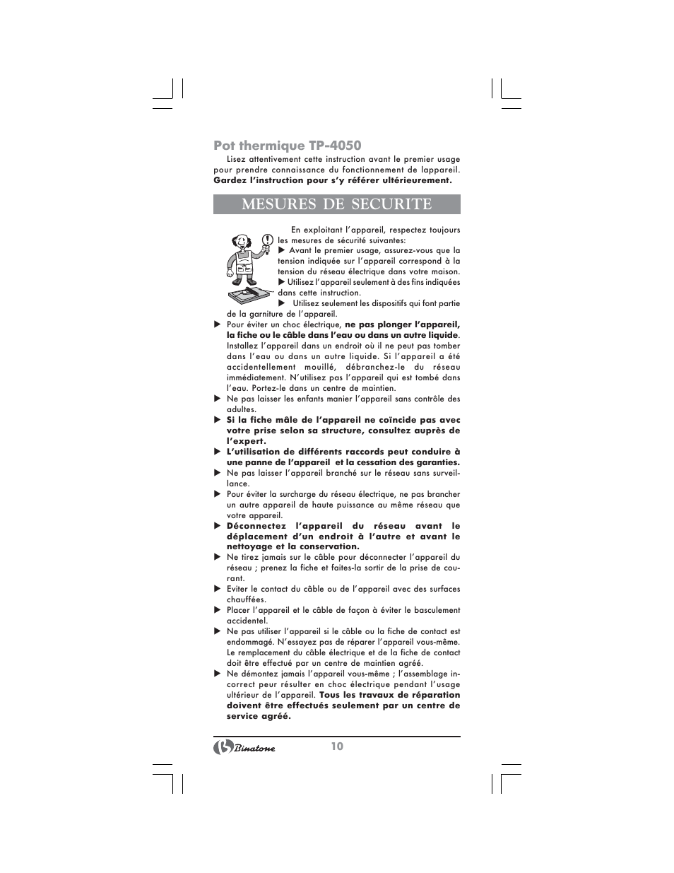 Mesures de securite, Pot thermique tp 4050 | Binatone TP-4050 User Manual | Page 10 / 34