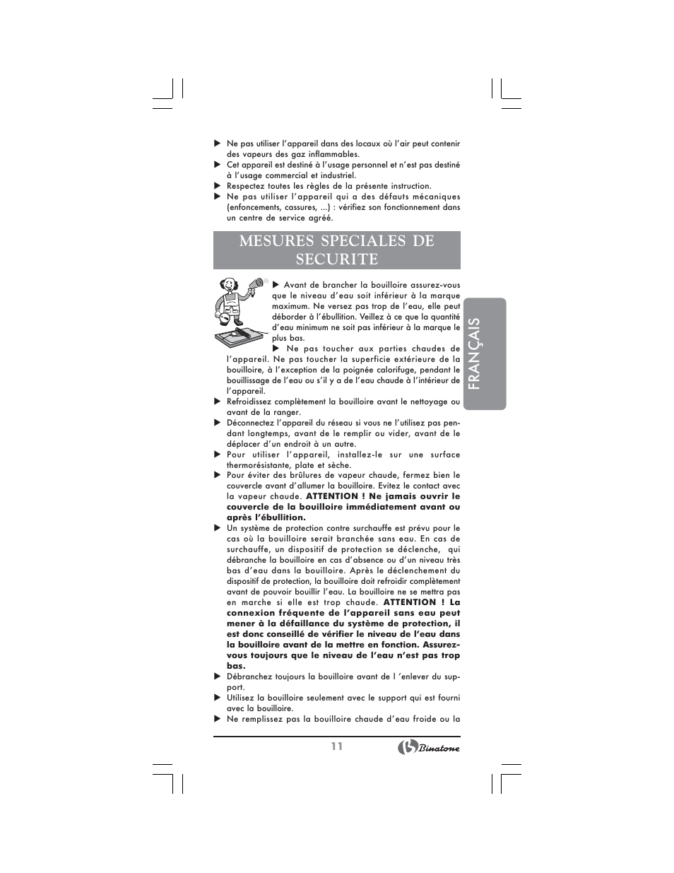 Français, Mesures speciales de securite | Binatone TP-4050 User Manual | Page 11 / 34