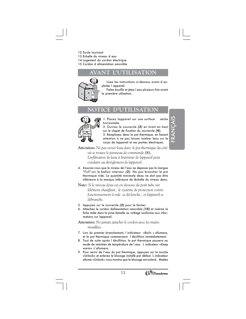 Français, Avant l’utilisation, Notice d’utilisation | Binatone TP-4050 User Manual | Page 13 / 34