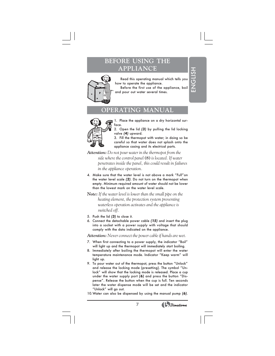 English before using the appliance, Operating manual | Binatone TP-4050 User Manual | Page 7 / 34