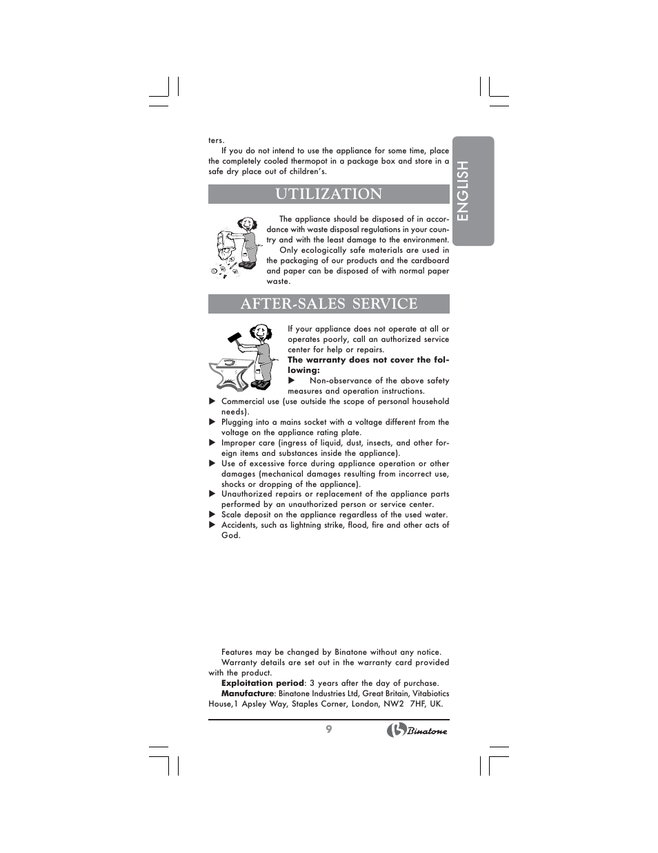 English, Utilization, After-sales service | Binatone TP-4050 User Manual | Page 9 / 34