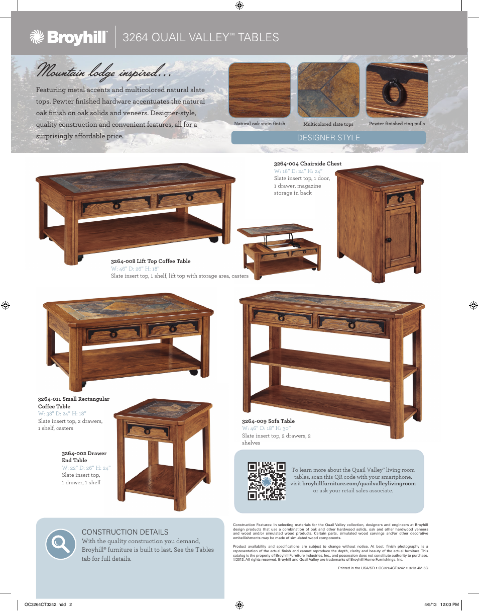 Mountain lodge inspired, 3264 quail valley, Tables | Broyhill QUAIL VALLEY CHAIRSIDE CHEST Product Details User Manual | Page 2 / 2