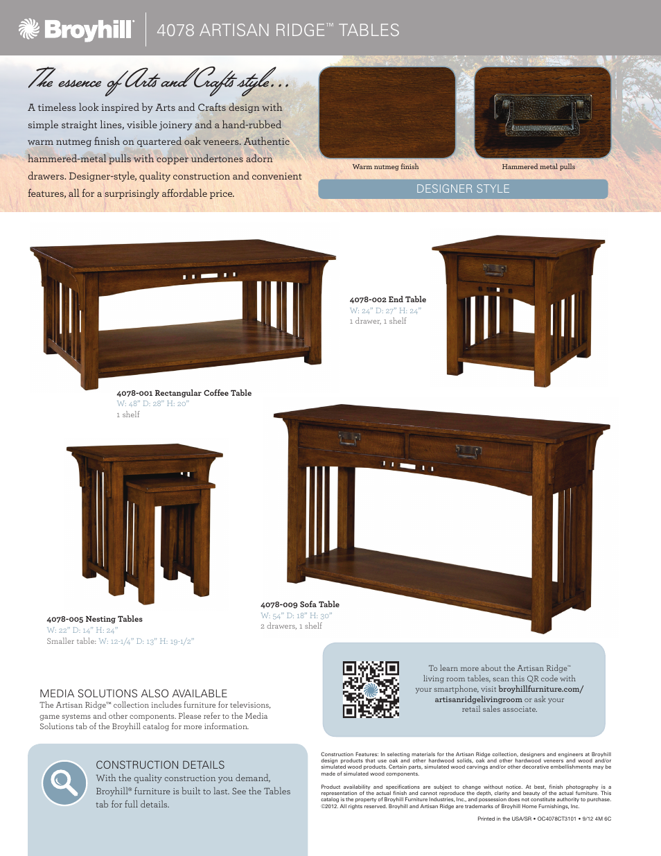 The essence of arts and crafts style, 4078 artisan ridge, Tables | Broyhill ARTISAN RIDGE ENTERTAINMENT CONSOLE Product Details User Manual | Page 2 / 2