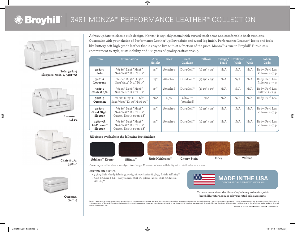 3481 monza, Performance leather, Collection | Made in the usa | Broyhill MONZA OTTOMAN Product Details User Manual | Page 2 / 2