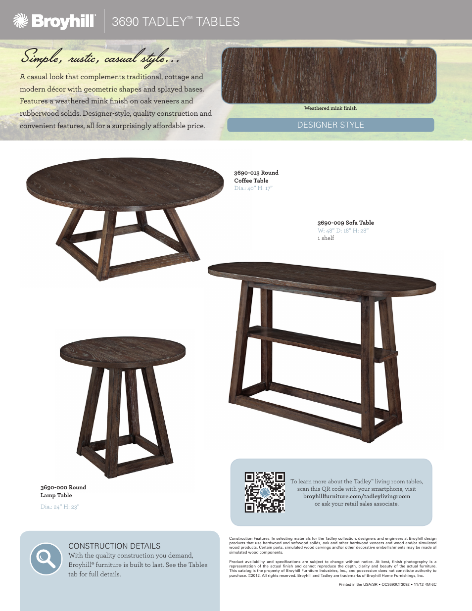 Simple, rustic, casual style, 3690 tadley, Tables | Broyhill TADLEY ROUND LAMP TABLE Product Details User Manual | Page 2 / 2