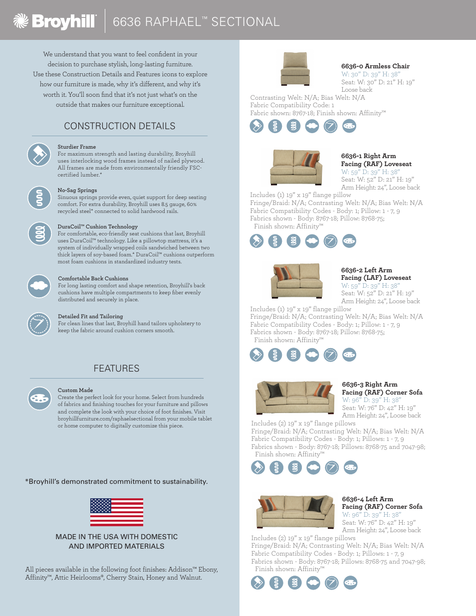 6636 raphael, Construction details features | Broyhill RAPHAEL SECTIONAL Product Details User Manual | Page 2 / 4