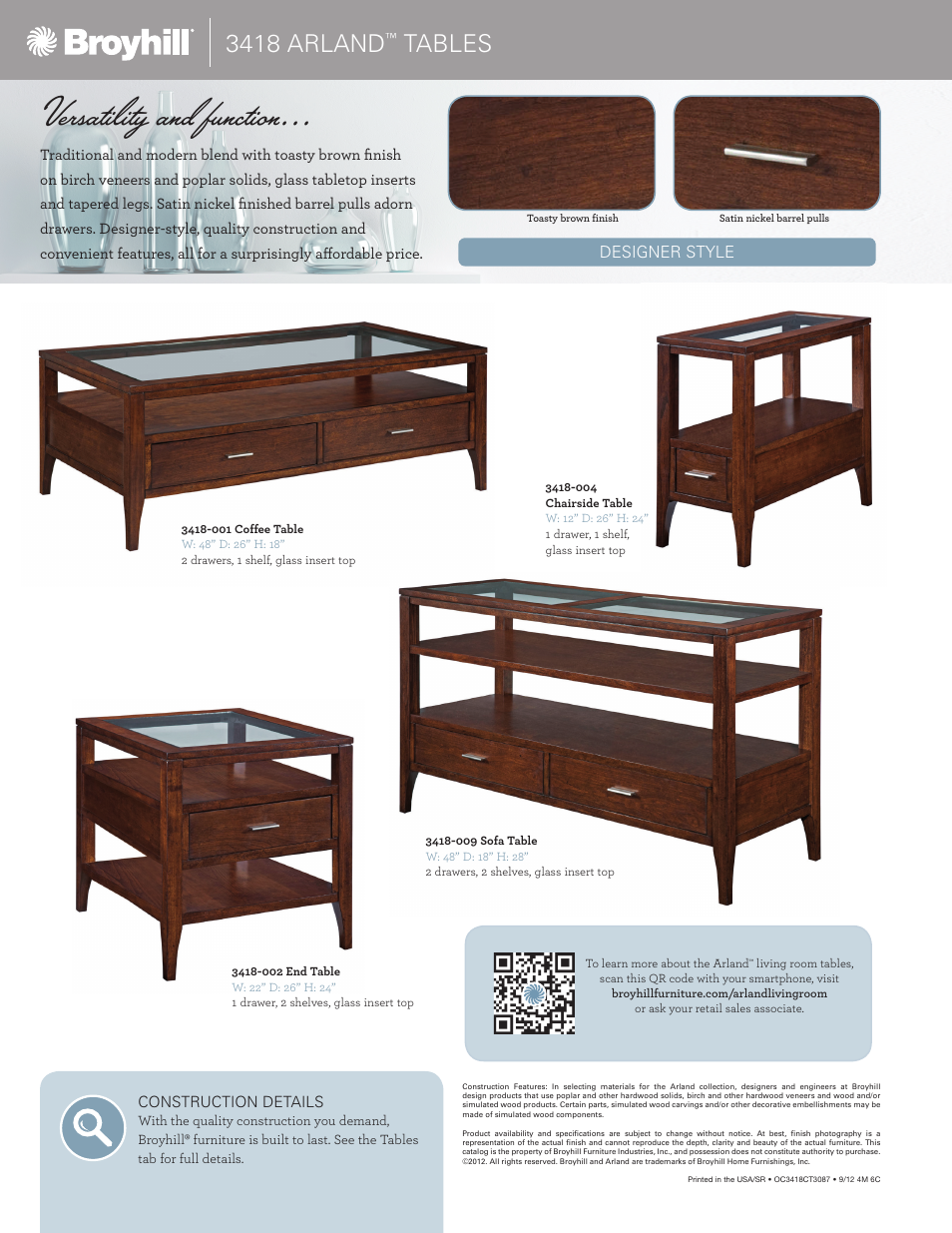 Versatility and function, 3418 arland, Tables | Broyhill ARLAND CHAIRSIDE TABLE Product Details User Manual | Page 2 / 2