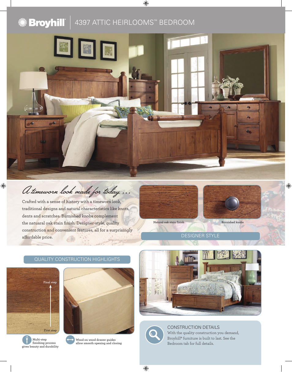 A timeworn look made for today, Sleigh bed room scene, 4397 attic heirlooms | Bedroom | Broyhill ATTIC HEIRLOOMS DRESSER MIRROR Product Details User Manual | Page 2 / 8