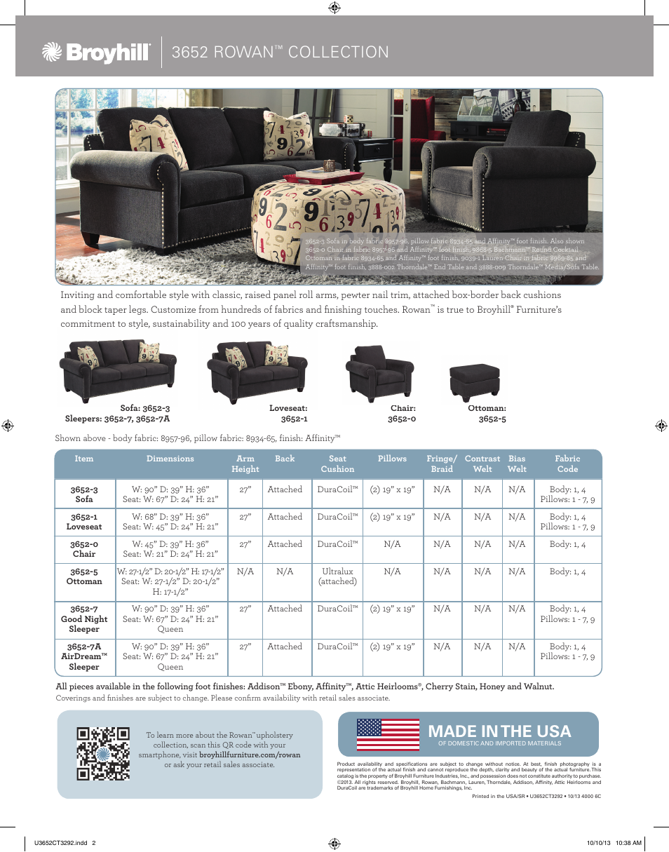 Made in the usa, 3652 rowan, Collection | Broyhill ROWAN SOFA, CHAIRS Product Details User Manual | Page 2 / 2