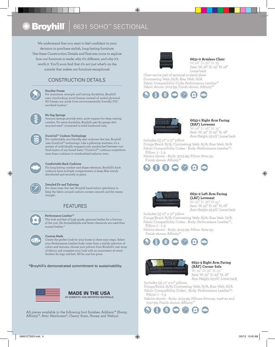 6631 soho, Construction details, Features | Made in the usa | Broyhill SOHO SECTIONAL Product Details User Manual | Page 2 / 4