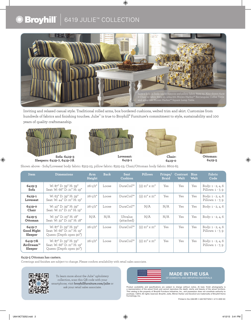 6419 julie, Collection | Broyhill JULIE SOFA, CHAIRS Product Details User Manual | Page 2 / 2