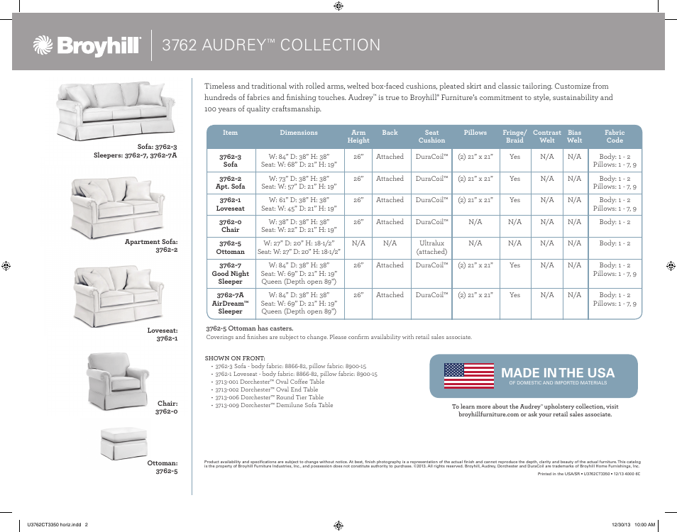 3762 audrey, Collection, Made in the usa | Broyhill AUDREY SOFA, CHAIRS, OTTOMAN Product Details User Manual | Page 2 / 2