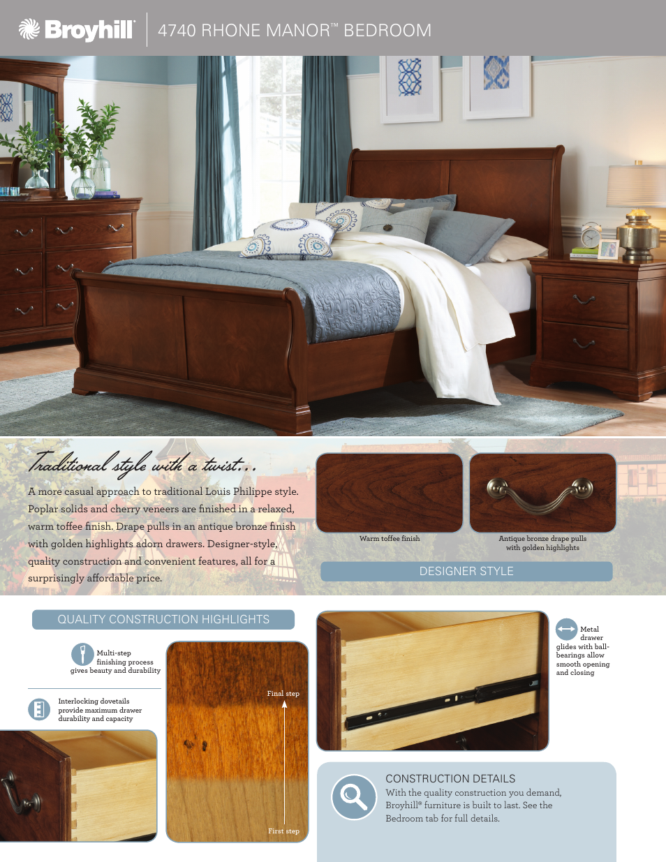 Traditional style with a twist, 4740 rhone manor, Bedroom | Broyhill RHONE MANOR MEDIA DRAWER DRESSER, CHEST, NIGHTSTAND Product Details User Manual | Page 2 / 4