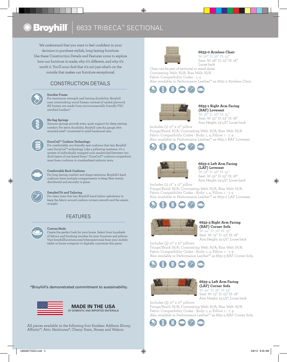 6633 tribeca, Construction details features, Made in the usa | Broyhill TRIBECA SECTIONAL, OTTOMAN Product Details User Manual | Page 2 / 4