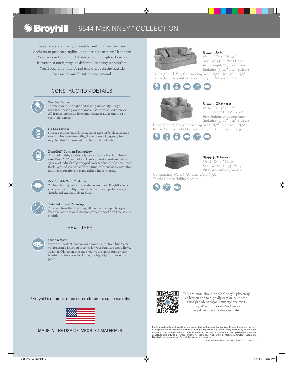 6544 mckinney, Collection, Construction details features | Broyhill MCKINNEY SOFA, CHAIRS, OTTOMAN Product Details User Manual | Page 2 / 2