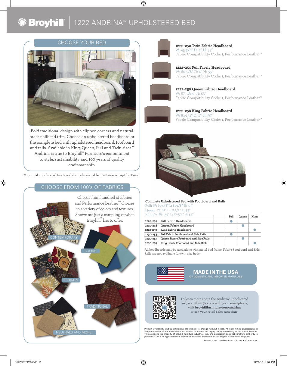 1222 andrina, Upholstered bed | Broyhill ANDRINA UPHOLSTERED BED Product Details User Manual | Page 2 / 8