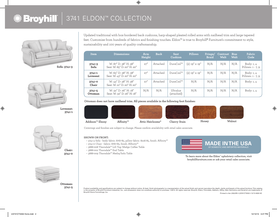 3741 eldon, Collection, Made in the usa | Broyhill ELDON SOFA, CHAIRS, OTTOMAN Product Details User Manual | Page 2 / 2