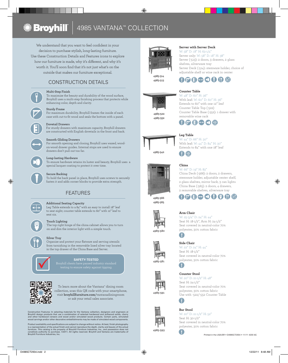 4985 vantana, Collection, Construction details | Features | Broyhill VANTANA SERVER Product Details User Manual | Page 2 / 2