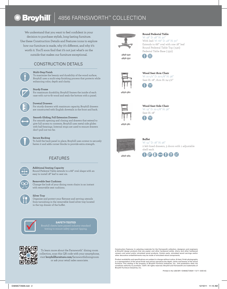 4856 farnsworth, Collection, Construction details | Features | Broyhill FARNSWORTH ROUND PEDESTAL TABLE Product Details User Manual | Page 2 / 2