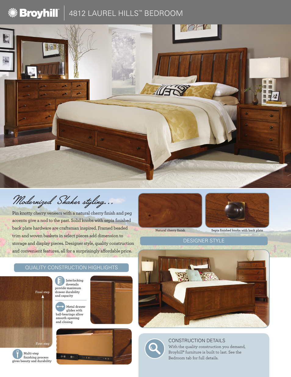 Modernized shaker styling, Sleigh bed room scene, 4812 laurel hills | Bedroom | Broyhill LAUREL HILLS DRAWER DRESSER, CHEST, NIGHTSTAND Product Details User Manual | Page 2 / 4