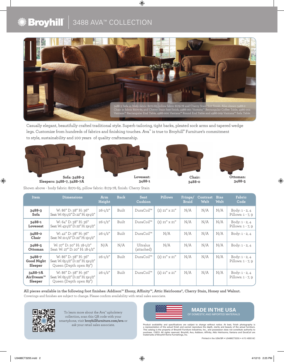 3488 ava, Collection | Broyhill AVA SOFA, CHAIRS, OTTOMAN Product Details User Manual | Page 2 / 2