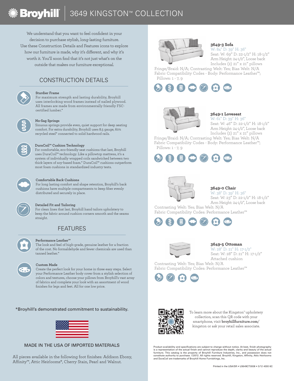 3649 kingston, Collection, Construction details features | Broyhill KINGSTON SOFA, CHAIRS Product Details User Manual | Page 2 / 2